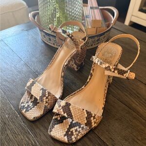 Vince Camuto Tan and Brown Snake-Print Block Heel Sandals